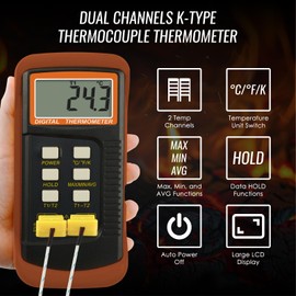 DANOPLUS Digital K Type Thermometer with 4 Thermocouples, Dual Channels Thermocouple Tester with MAX/MIN/AVG Temperature Measurement (-501300C)