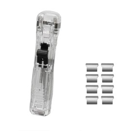 Clear White Push Stapler Paper Stapler with 8Pcs Reusable Clips, Binder Clips Refills Fast Clam Clip dispensers for Desk Document Office Home School