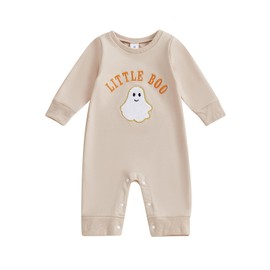 ZAXARRA Newborn Baby Boys Jumpsuits Letter Embroidery Long Sleeve Sweatshirts Rompers Infant Casual Clothes Bodysuits (Beige-little boo, 12-18 Months)