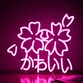 JLEWUINH Kawaii かわいいLed Neon Light Sign Japanese Cherry Blossoms Light Up Wall Decor Sign Girls' Room Decoration Birthday Party Christmas Neon Sakura Light (Pink)