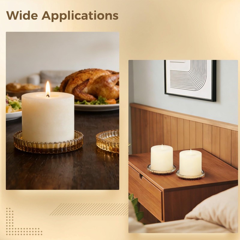 6 Pcs Glass Pillar Candle Trays, 4'' Striped Embossed Round