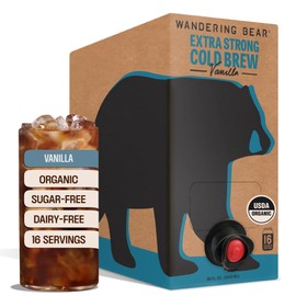 Wandering Bear Organic Vanilla Coffee Cold Brew On Tap, Iced Coffee Drink -Extra Strong, Smooth, No Sugar Added, Shelf-Stable, Ready to Drink, Gluten Free & Vegan Decaf -16 Servings of 6fl.oz -96fl.oz