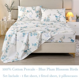URBONUR Luxury Sheets Set King Egyptian Percale Cotton Blue Floral Sheets Soft Smooth Breathable Bed Sheet Set with Deep Pocket (4Pcs, King Size, Blue Plum Bloosom)