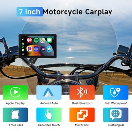 Podofo Wireless Carplay Screen 7 Inch for Motorcycle Portable CarPlay & Android Car for Motorcycle, Waterproof Touchscreen with Dual Bluetooth, Motorcycle Navigation/Siri/G00gle Assistant/12 V