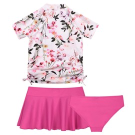 Cadocado Toddler Girls Rash Guard Swimsuit 3 Pieces High Neck Swim Top UPF 50+ Sun Protection Bathing Suit,Flower Print,3Y