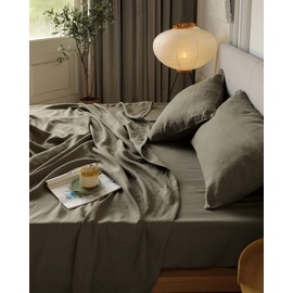 XZ XIFA Olive Green Linen Sheets King Size Set, 100% Washed French Flax Organic Linen Sheets, Breathable and Cooling Sheets for Hot Sleepers Bed Sheets(1 Flat Sheet, 1 Fitted Sheet, 2 Pillowcases)