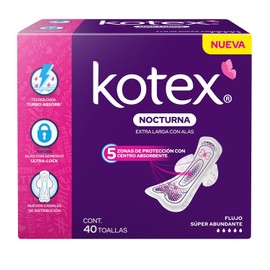 Kotex Nocturna Extra Larga Con Alas, Toalla Femenina, Paquete 40 Toallas, Ideal para Flujo Súper Abundante