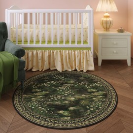 Rugcomf Circle Rug Impressionist-Style Vintage Round Rug 4ft Non Slip Low Pile Small Circular Rug for Bedroom Bathroom Entryway Kids Room Office College Dorm, Green