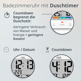 ADE Digital Bathroom Clock with Hygrometer and Thermometer, IP65 Waterproof, Shower Timer, Countdown Function, Large LCD Display, with Date Display, White