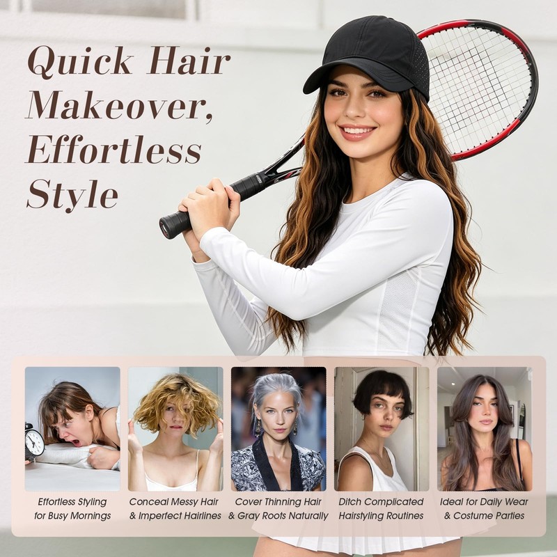 Hat Wig for Women, Wig Cap with Hair Attached,Quick-drying Baseball