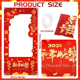 HOWAF Chinese New Year Photo Booth Props Banner, 2025 Lunar New Year Party Photo Frame Backdrop Banner for Spring Festival Party Decorations Supplies, Snake Year Red Photo Door Banner