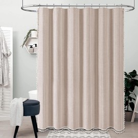BTTN Stall Shower Curtain - 60x72 Narrow Boho Farmhouse Linen Vintage Striped Fabric Shower Curtain Set with 10 Hooks, Bohemian Cottage Decorative Heavy Duty Shower Curtains for Bathroom - Tan/Taupe
