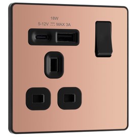 BG Electrical Single Switched Power Plug Wall Socket with Type A USB and Type C USB Charging Ports, Fast Charge, Screwless Front Plate, Evolve, Polished Copper, 13A, 18W, PCDCP21UAC18B