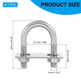 PATIKIL Round U-Bolts, M8x25mm Round Bend U-Bolt 304 Stainless Steel Pole U Bolt with Nut Plate Washer for Boat Trailer Camping Sailboat, Pack of 2