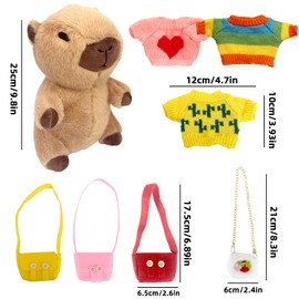 Juvanovo Capybara Plush Toy, 25cm Dress Up Capybara Plushies, Capybara Stuffed Animals, Capybara Plush Toy with Clothes and Bags, Capybara Soft Doll, Capybara Stuffed Toy, Gift for Boys Girls (Brown)