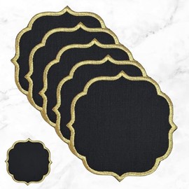 Paquete de 50 servilletas de lino, servilletas de bar, servilletas de tela bordadas, posavasos de fiesta, eventos, bodas, cumpleaños, 6 x 6 pulgadas (dorado sobre negro)
