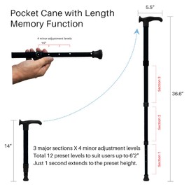 Pocket Cane : Latest Ultra-Compact Walking Cane with Length Memory Function, 1 Second extends to Desired Length (up to 37") Collapse to 14”. Adjustable, Lightweight & Portable. Matt Black