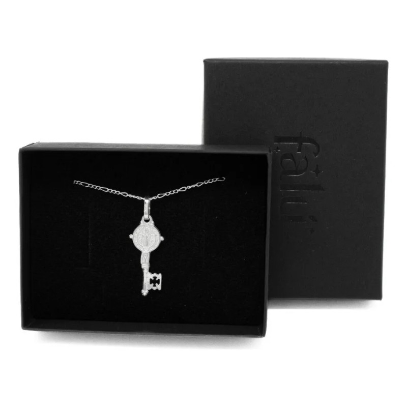 Cadena Con Dije De Llave San Benito En Plata Solida