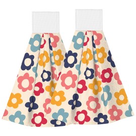 PDDCWAY Vintage Groovy Flower Hand Towels for Bathroom Set of 2 Colorful Daisy Hanging Dish Towels Spring Summer Kitchen Towel with Hanging Loop Fingertip Small Bath Tie Towel for Home Decor