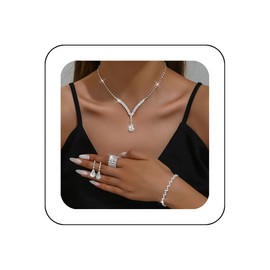 Unicra Bridal Wedding Jewelry Set Silver Rhinestone Necklace Earrings Sets Formal Costume Jewelry for Women and Brides (C-4 Pack Silver Necklace Bracelet Rings Earrings)