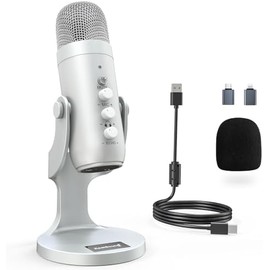 ZealSound - Micrófono de podcast para PC, micrófono USB con cancelación de ruido con ganancia, ajuste de volumen y botón de silencio, monitoreo y eco