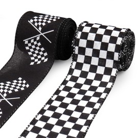 Habbiful 2 Rolls 10 Yard Racing Car Theme Printed Ribbon Black White Checkered Printed Ribbon for Crafts Buffalo Plaid Wrapping Ribbon for Wreath Sport Team Racing Car Party Home Decoration 2.5Inch