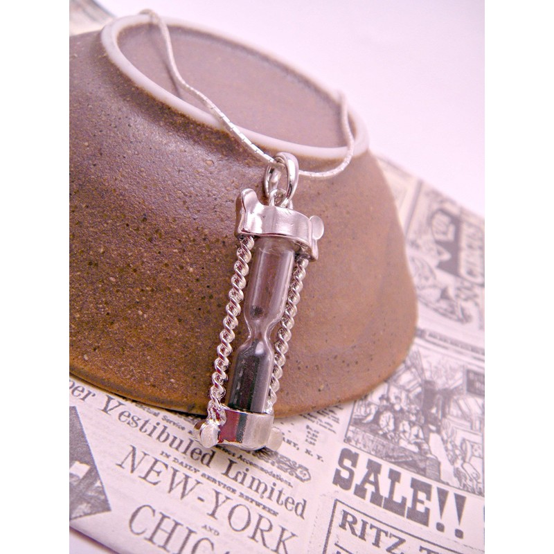 Mr. Sandman Silver Sand Timer Hour Glass Necklace Pendant on