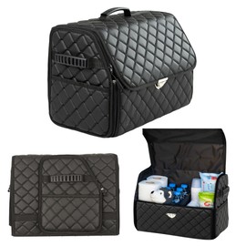 the mask el turko Leather Trunk Organizer with Lid for Suv and more, Foldable Car Organizer, Car Organizers and Storage with Pockets, Non-Slip Design (Black-Black)