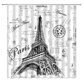 KDYDK Eiffel Tower Shower Curtain Retro Hand-Painted Postmar Seal France Romantic European Paris City Architectural Cultural Landmark Printing Fabric Bathroom Decor Curtain Set with Hook