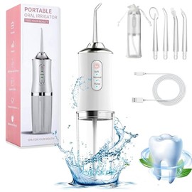 Irrigador Bucal Inalámbrico Portatil, Water Flosser Irrigador Limpieza Dental Recargable, 3 Modos 4 Puntas, IPX7 Impermeable Limpiador de Dientes Hilo Dental de Agua Irrigador Oral para Hogar y Viajes
