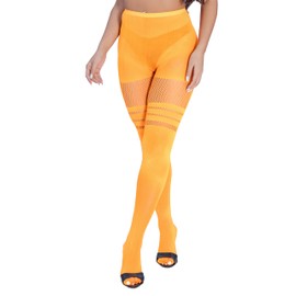 EVERSWE High Waist Fishnet Tights, Thigh High Suspender Stockings (Stripes-Orange, LXL)