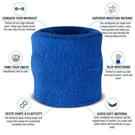Suddora Wrist Sweatbands - Athletic Cotton Terry Cloth Wrist Bands for Basketball, Tennis, Football, Baseball (Pair) (Blue)