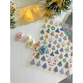 Christmas Nail Art Stickers 5D Embossed Xmas Tree Nail Stickers Colorful Christmas Tree Nail Decals Self-Adhesive Winter Stickers for Women Girls Holiday Manicure DIY Nail Supplies