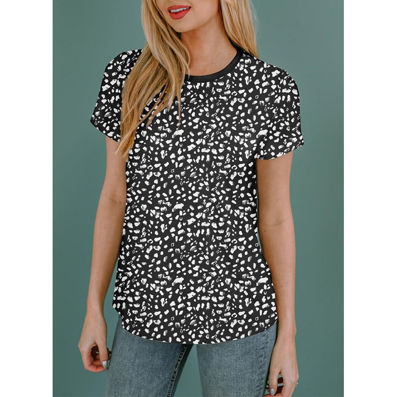 EVALESS Womens Elegant Polka Dot Tops Crewneck Short Sleeve T