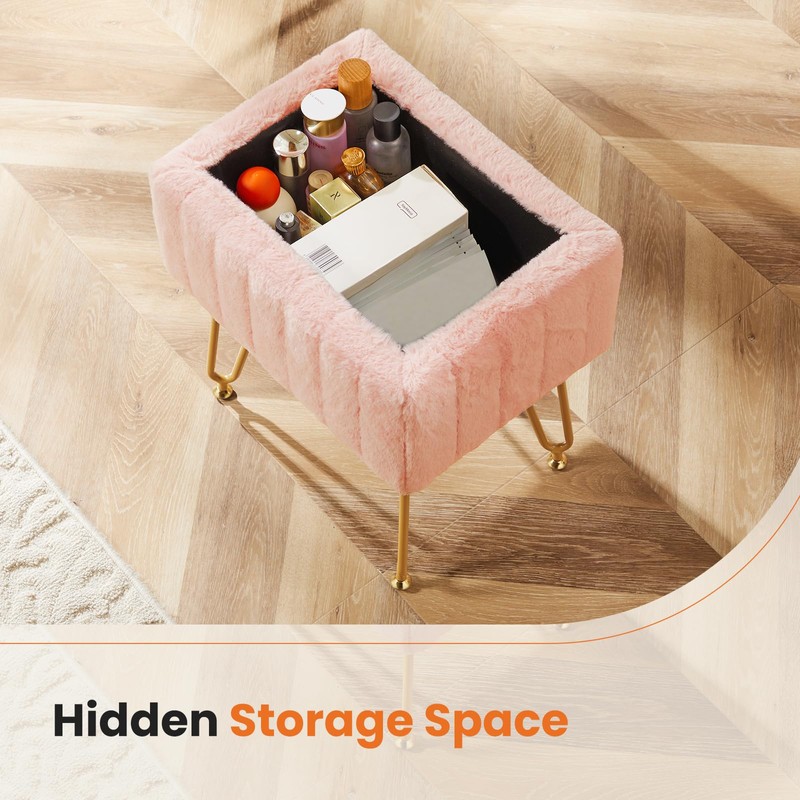 Elevon Vanity Stool Chair with Storage, Ottoman Faux Fur Soft