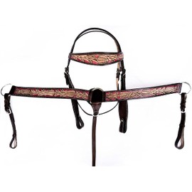 Hulara Top Grain Buff Leather Western Bridle and Breast Collar Set Tooled Headstall and Horse Breastcollar Western Tack Set Horse Breast Collar Western Bridle Sets Horse Headstall and Breast Collar