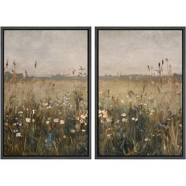 MUDECOR Framed Canvas Print Wall Art Set Golden Meadow Wildflowers Rustic Floral Field Landscape Illustrations Modern Art Decorative Bohemian Zen for Living Room, Bedroom, Office - 24"x36"x2 Black