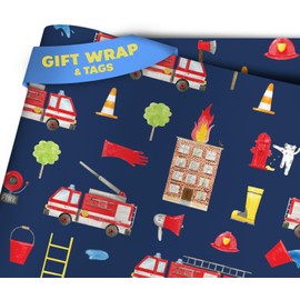 Otter Dotter Fire Trucks | Fire Engine Design Kids Wrapping Paper | Gift Wrap for Boys | Firetruck Blue (2 sheets)