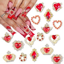 Valentine's Day Nail Charms 16Pcs Heart Nail Charms Red Nail Gems Nail Rhinestones Shiny Crystal Metal Gold Nail Charms Valentines Day Nail Accessories for Women Girls Acrylic Nails Decor Supplies