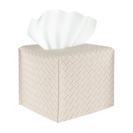 Gjinxi Tissue Box Cover PU Leather Paper Holder Square Facial Tissue Case Organizer Box Dispenser Beige Braid Storage Bag Accessories for Bathroom Vanity Countertop Tabletop Car