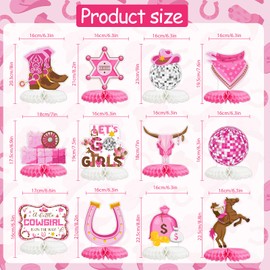 12PCS Cowgirl Party Decorations Western Cowgirl Honeycomb Centerpieces for Tables Lets Go Girls Party Decor for Birthday Baby Shower Supplies