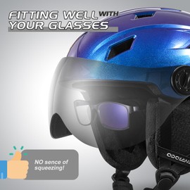 Odoland Ski Helmet with Lens Visor Great for Skiing, Light Weight and Adjustable Ventilation Advanced Competition Snow Helmet with Warm Fluffy Earpads for Men Women Adult and Youth Flash Blue S