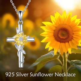 VONALA Cross Sunflower Necklace 925 Sterling Silver Dainty Sunshine Pendant Jewelry Gift for Women