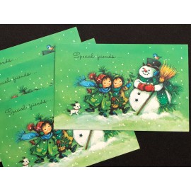 Paramount Vintage Christmas Card Little Girls Snowman Friendship Set of 4 NOS w Envelopes