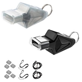 Starvway Sports referee whistle, 2-piece set of triangular shaped bean free plastic whistle with rubber mouthguard and lanyard (black, gray)