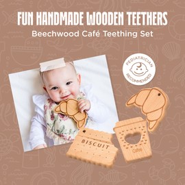 French Cafe-Themed Wooden Toys Set, Natural Wooden Play Food, Handcrafted Beech Wood Toys, Non-Toxic Wooden Food Set for Kids, Teether Toy Food Set of 3