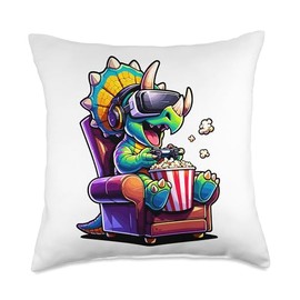 Gamer Triceratops Popcorn Gaming Chair Headphones Games Throw Pillow