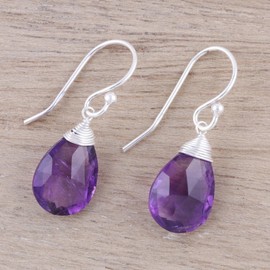 NOVICA Artisan Handmade Amethyst Dangle Earrings Faceted Teardrop Sterling Silver India Birthstone [1.2 in L x 0.4 in W x 0.3 in D] ' Lavender Joy'