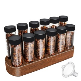 Single Dose Coffee Bean Storage Tubes - 12pcs Coffee Beans Container,Coffee Vials dosing container,glass espresso container with Wood Display Stand and Funnel (Type 1)