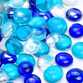 RUOJAS 1LB Blue Mix Flat Glass Marbles for Vases, Mancala Stones Gemstone Beads Vase Filler Decorative Glass Pebbles for Fish Tank, DIY Crafts, Aquarium Decor Rocks